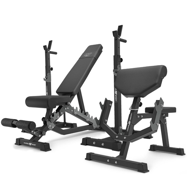 Set MS33_2.0 | Banca cu reglare dublă + standuri multilevel (2 piese) pentru halteră cu asigurare + bancă Scott cu suport reglabil - Marbo Sport