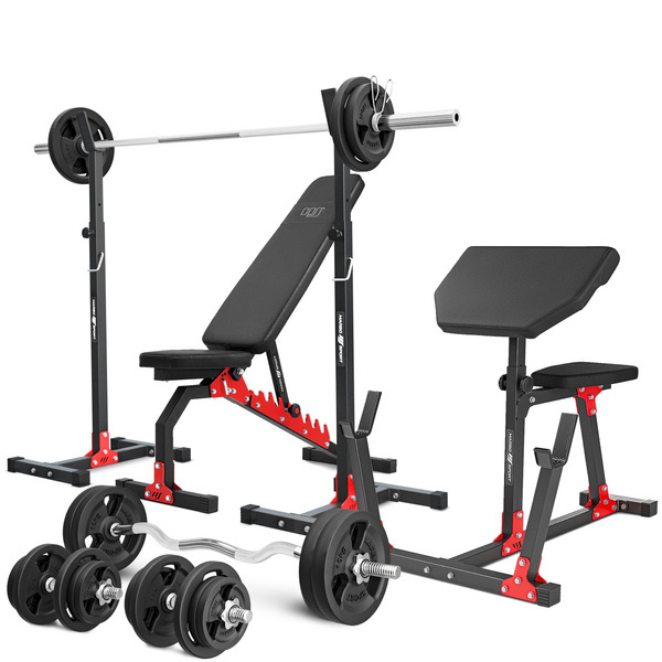 Set MH9 | bancă cu greutăți reglabilă pe două fețe MH-L114 + bancă Scott (curl desk) MH-L105 + suport de greutăți reglabil pe înălțime MH-S001 x2 - Marbo Sport