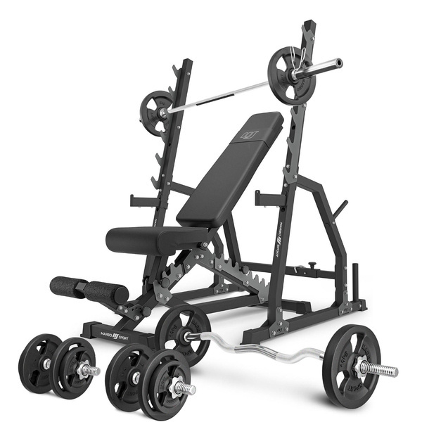 Set MS3_2.0_83KG | Banca cu reglare dublă + standuri poartă cu asigurare și reglare a distanței + set de bare și plăci de greutate 83 kg - Marbo Sport
